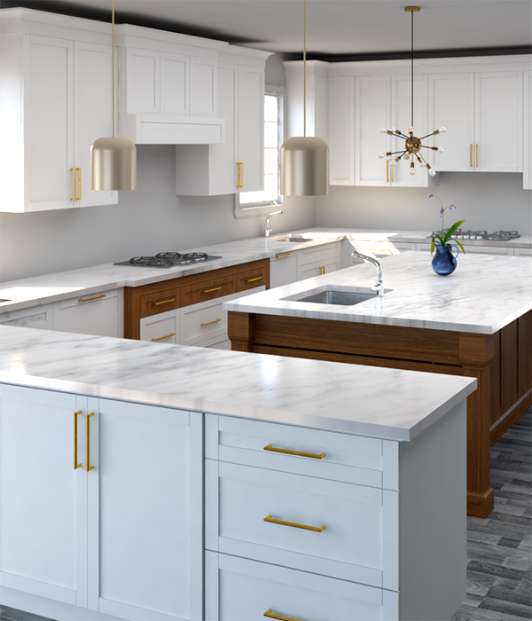 3D rendering of white shaker with gold handles